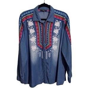 Andree Size Large Blue Boho Western Floral Embroidered Button Up Top Blouse